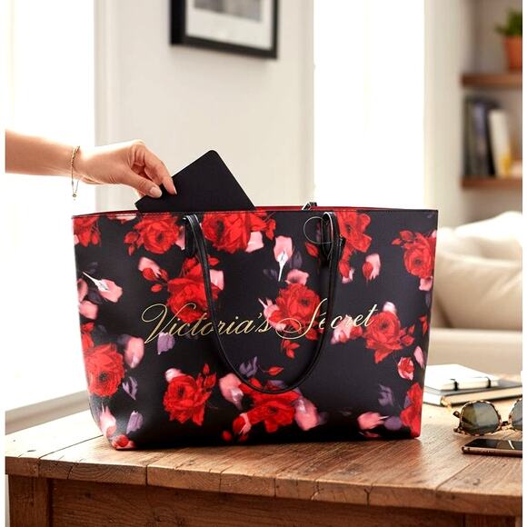 Victorias Secret Bag Tote Black Red Pink Shoulder Beach Weekend Floral Large - Picture 1 of 8